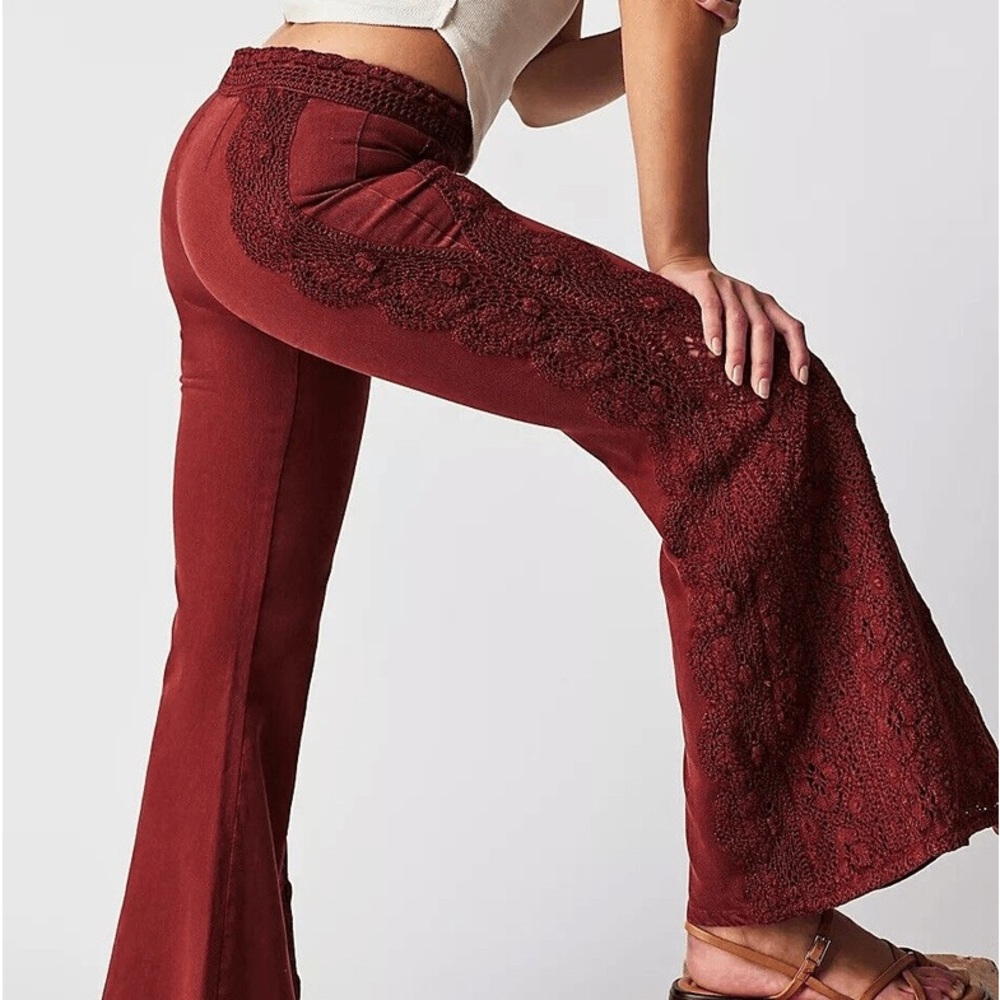 NWT Free People Neptune's Net Crochet Flare Pants Empress Rock red wine bohemian
